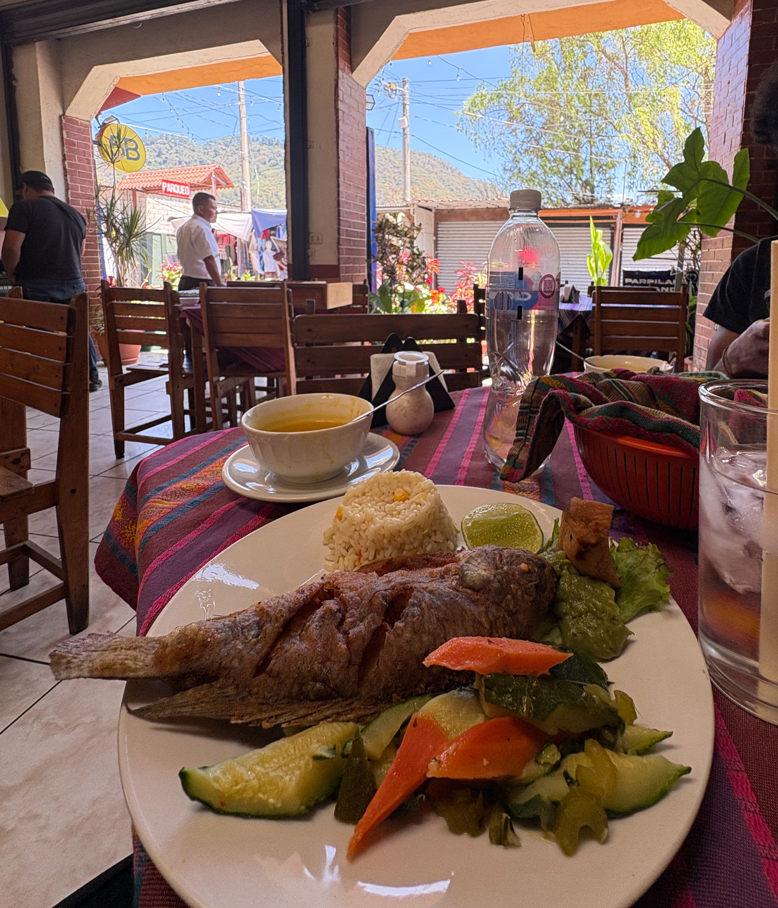 enjoying a meal in panajachel along calle santander